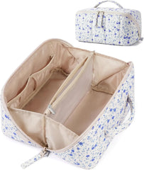 BAGSMART Travel Makeup Bag for Women, Portable Water-resistant Cosmetic Case, Puffy Padded Make Up Organizer Pouch, Open Flat Toiletry Bag for Toiletries, Brushes, Blue Ditsy Floral