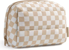 BAGSMART Makeup Bag Travel Bag, Wide-open Zipper Pouch, Khaki Checkered