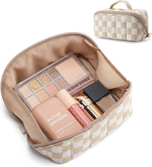 BAGSMART Small Makeup Bag for Women, Mini Toiletry Bag, Checkered Khaki
