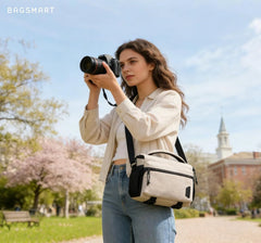 BAGSMART Camera Sling Bag with Tripod Holder & Rain Cover, Ivory White