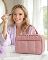 BAGSMART Travel Toiletry Bag, Puffy Large Toiletry Bag for Women, Lightweight Cosmetic Makeup Bag Organizer with Handle for Traveling, Accessories, Essentials, Toiletries (Dark Pink