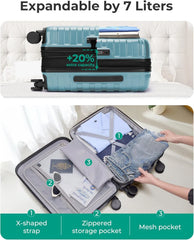 BAGSMART Carry-On Luggage 20" Expandable Spinner 22x14x9,Teal Blue