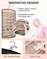 BAGSMART Hanging Jewelry Organizer, Necklace Holder Anti-tangle Earrings Rings Hanger with 10 Jewelry Bags Travel Storage Roll with Pockets Hang on Closet, Wall, Door,1 Piece, Small, Black