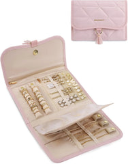 BAGSMART Travel Jewelry Case Organizer, Roll Foldable Jewelry Case for Journey-Rings, Necklaces, Earrings, Bracelets, Brooches, Portable Travel Essentials, Pink