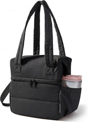 BAGSMART Double Deck Lunch Bag Women, Insulated Reusable Lunch Box, Quilted Puffer Lunch Tote with Shoulder Strap, Durable Large Lunch Cooler For Work Picnic Travel Meal Prep Flight, Black