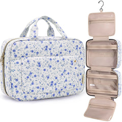 BAGSMART Toiletry Bag Travel Bag with Hanging Hook, Water-resistant Makeup Cosmetic Bag Travel Organizer for Accessories, Shampoo, Full-size Container, Toiletries (Blue Ditsy Floral, Medium