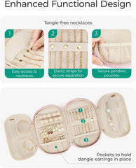 BAGSMART Travel Jewelry Case Jewelry Organizer Storage Roll Rings Necklaces Earrings Bracelets Brooches Watch Large Portable Light Pink
