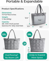 BAGSMART Expandable Tote Bag for Women, Puffer Work Tote Travel Bag