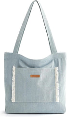 BAGSMART Women's Zippered Tote Bag Lightweight Denim Shoulder Bag