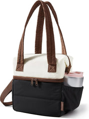 BAGSMART Double Deck Lunch Bag Women, Insulated Reusable Lunch Box, Quilted Puffer Lunch Tote with Shoulder Strap, Durable Large Lunch Cooler For Work Picnic Travel Meal Prep Flight, Beige + Black