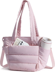 BAGSMART Lunch Bag Women Small Insulated Tote with Lunch Compartment Quilted Lightweight Puffy Tote Bag for Work, Travel, Outdoor, Pink