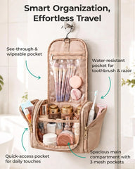 BAGSMART Travel Toiletry Bag for Women, Puffy Hanging Toiletry Bag with Hook, Water-resistant Toiletry Organizer for Full Sized Toiletries (Light Beige)