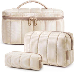 BAGSMART Travel Makeup Bag Set, 3 Pc Puffy Cosmetic Pouch, Khaki Strip
