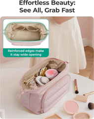 BAGSMART Travel Makeup Bag, Cosmetic Bag Small Make Up Organizer Case,Wide-open Pouch for Women Purse for Toiletries Accessories Brushes,Large Beige