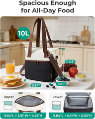 BAGSMART Double Deck Lunch Bag Women, Insulated Reusable Lunch Box, Quilted Puffer Lunch Tote with Shoulder Strap, Durable Large Lunch Cooler For Work Picnic Travel Meal Prep Flight, Beige + Black