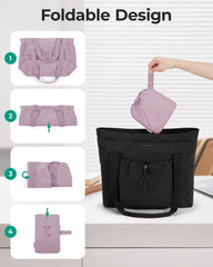 BAGSMART Foldable Tote Bag with Drawstring Bag, Tote Bag Shoulder Bag Top Handle Handbag for Travel, Work, Beach, Gym