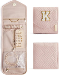 BAGSMART Travel Jewelry Organizer Case K Initial Jewelry Roll,Soft Pink