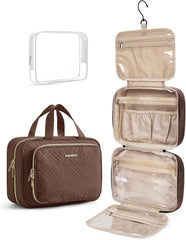 BAGSMART Toiletry Bag Hanging Travel Makeup Organizer with TSA Approved Transparent Cosmetic Bag Makeup Bag for Full Sized Toiletries(Coffee Brown)