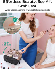 BAGSMART Travel Makeup Bag for Women, Portable Water-resistant Cosmetic Case, Puffy Padded Make Up Organizer Pouch, Open Flat Toiletry Bag for Toiletries, Brushes, Khaki