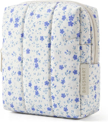 BAGSMART Small Travel Makeup Bag for Purse Toiletry Pouch, Puffy Padded Mini Cosmetics Bag, Cute Make Up Pouch for Women with Slip-in Pocket, Travel Essentials for Toiletries, Blue Ditsy Floral