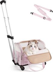 BAGSMART Rolling Cat Carrier with Wheels, Soft-Sided Pet Travel Bag, Pink