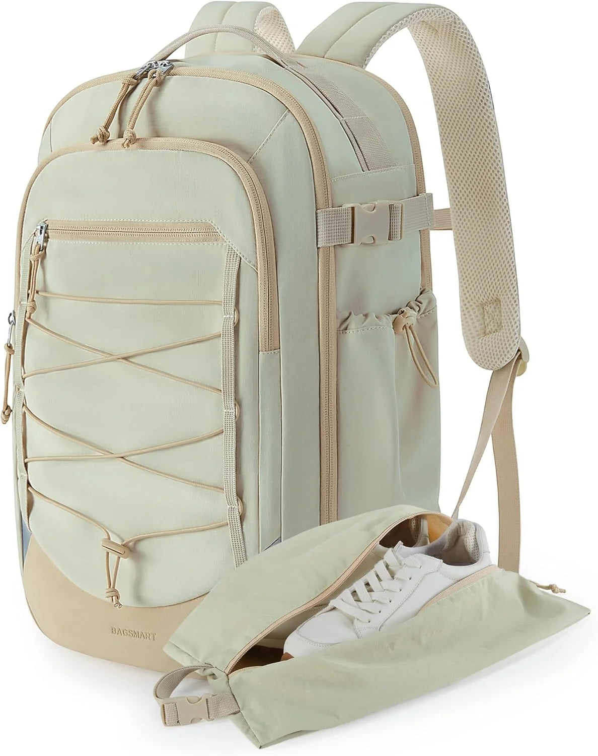 BAGSMART Carry On Travel Backpack, 17 Inch Large Travel backpack Carry On Flight Approved, Anti-theft Personal Item Backpack Travel Bag With Shoe Bag, 30L Water Resistant Casual Daypack, Beige