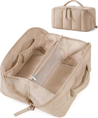 BAGSMART Travel Makeup Bag for Women, Portable Water-resistant Cosmetic Case, Puffy Padded Make Up Organizer Pouch, Open Flat Toiletry Bag for Toiletries, Brushes, Khaki