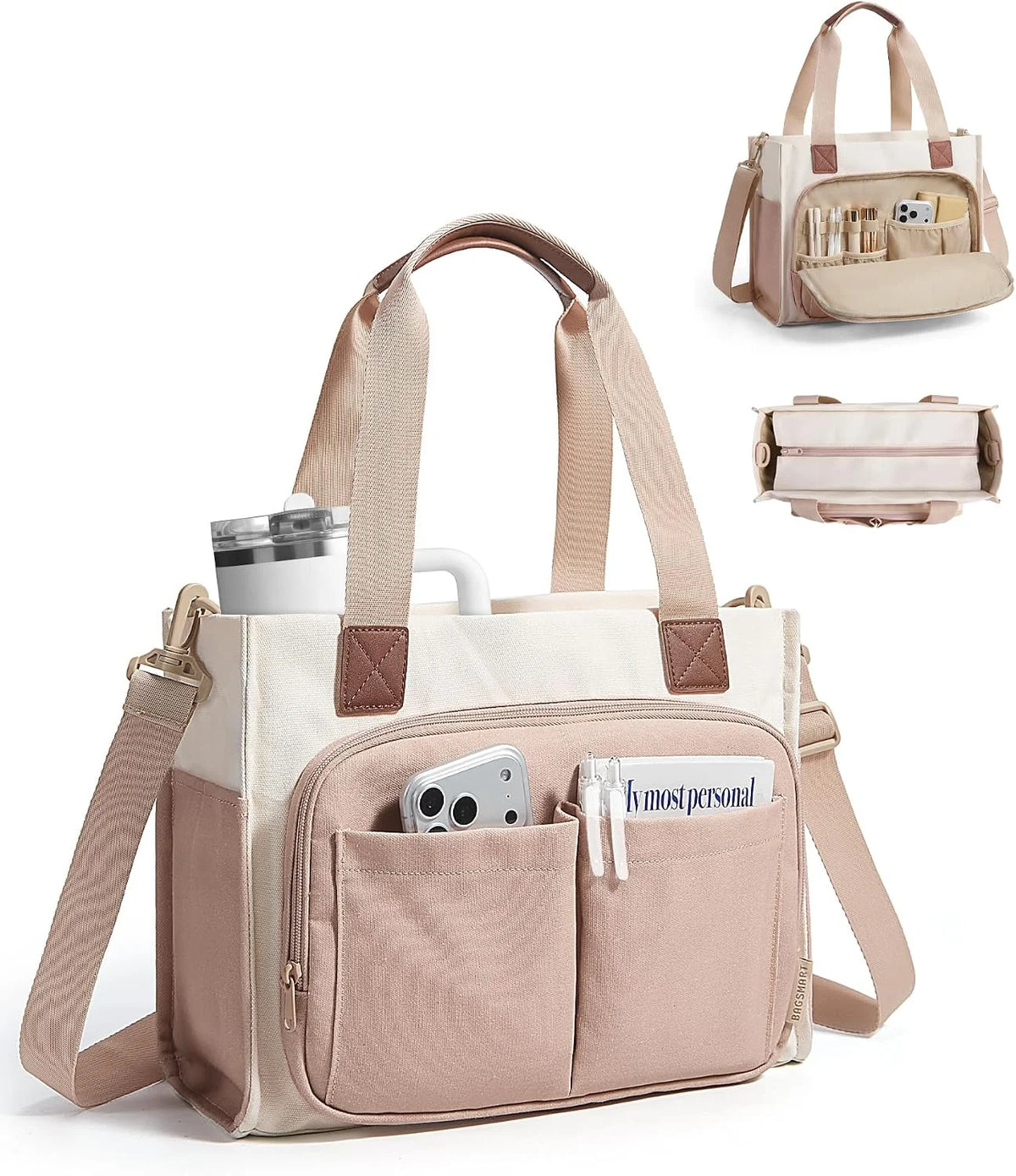BAGSMART Canvas Tote Bag for Women, Small Work Tote Bag with Zipper