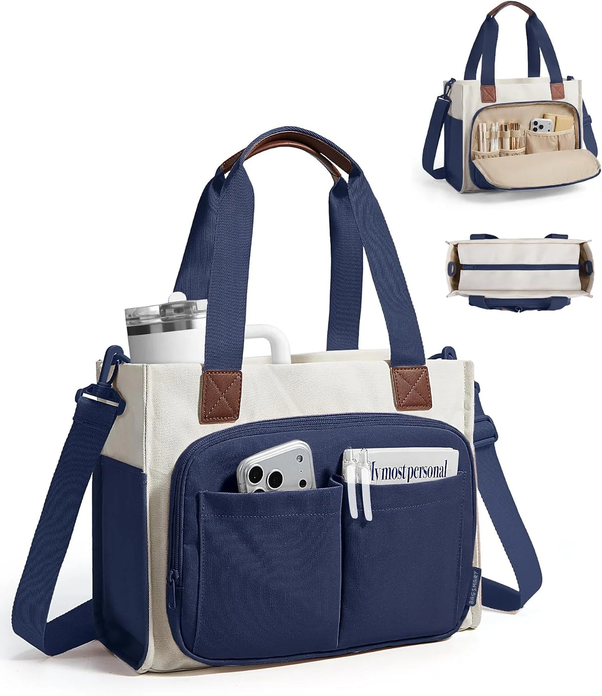 BAGSMART Canvas Tote Bag for Women, Small Work Tote Bag with Zipper