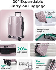 BAGSMART Carry On Luggage 22x14x9 Airline Approved, Expandable Suitcase with Wheels, Pink Lavender
