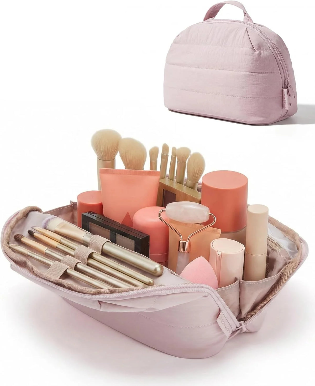 BAGSMART Travel Makeup Bag, Fold-Down Cosmetic Pouch for Women, Pink
