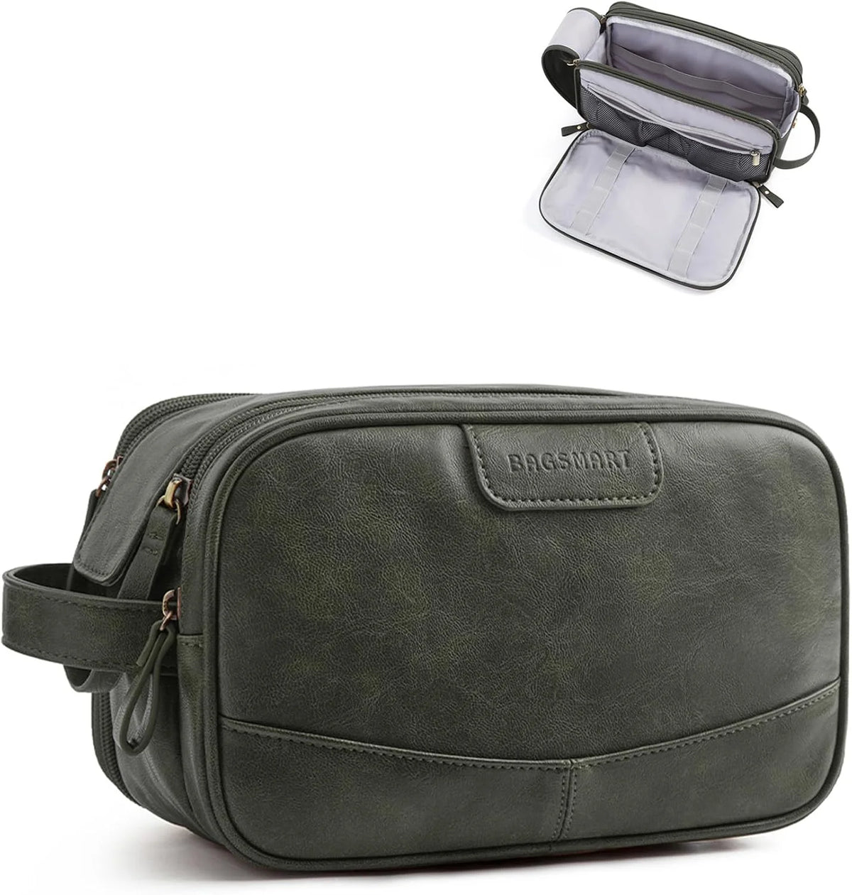 BAGSMART Medium Toiletry Bag for Men, PU Leather Water Resistant, Green