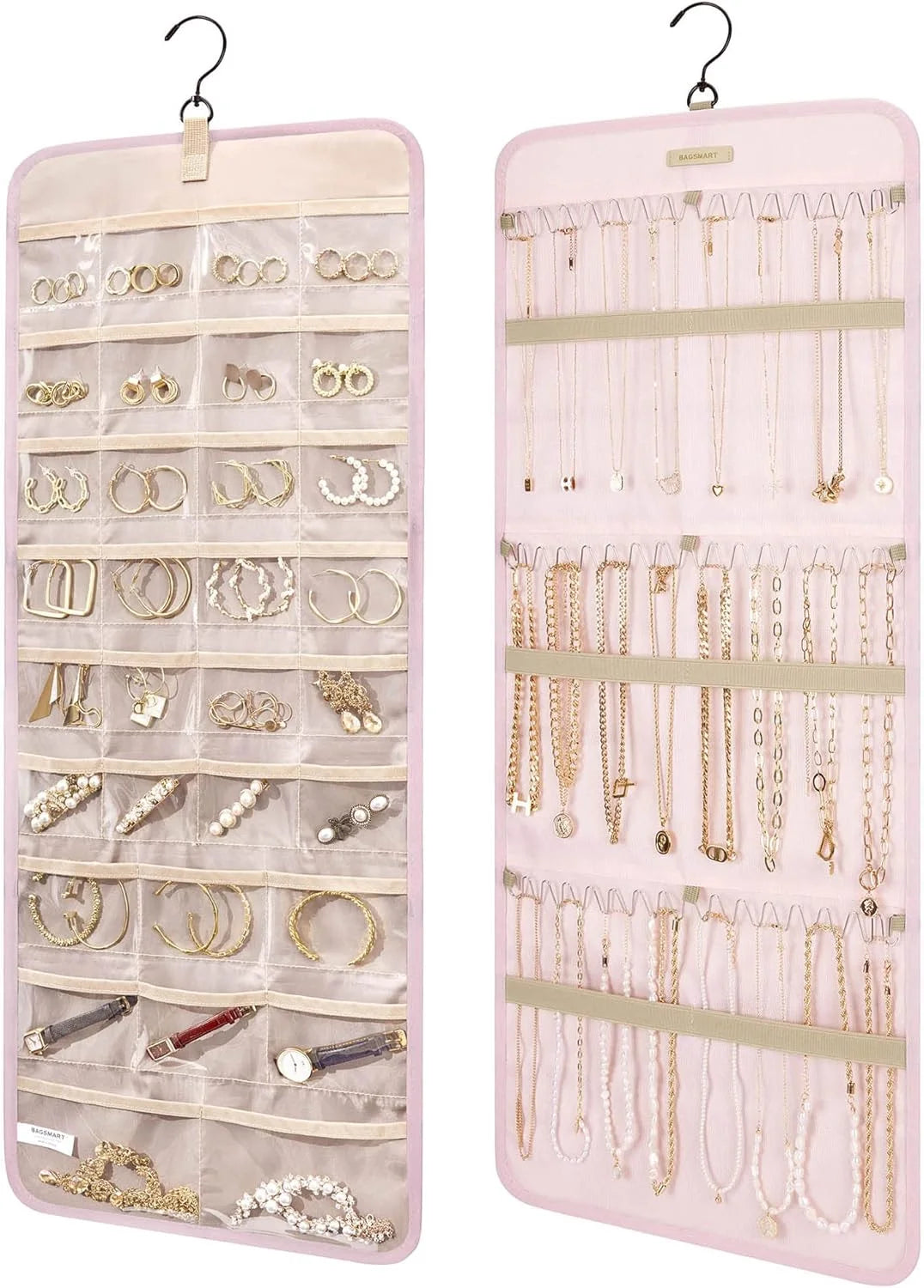 BAGSMART Hanging Jewelry Organizer Necklace/Earring/Ring 2-Sided L Pink