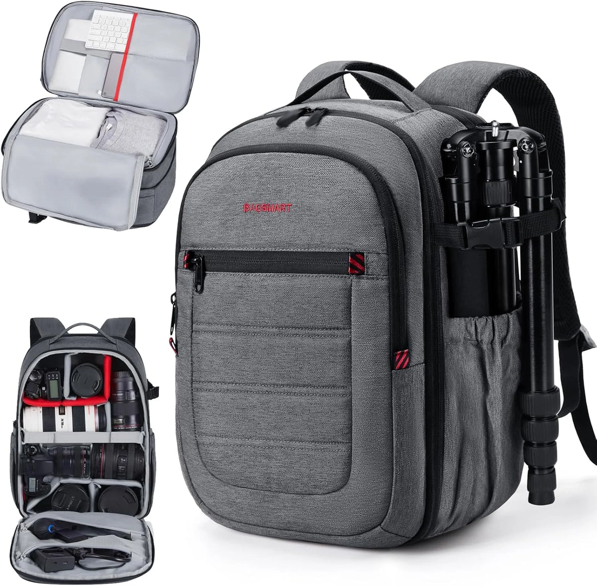 BAGSMART Camera Bag for DSLR, Waterproof Camera Backpacks for Photographers, Camera Case with Laptop Compartment-15.6" Grey