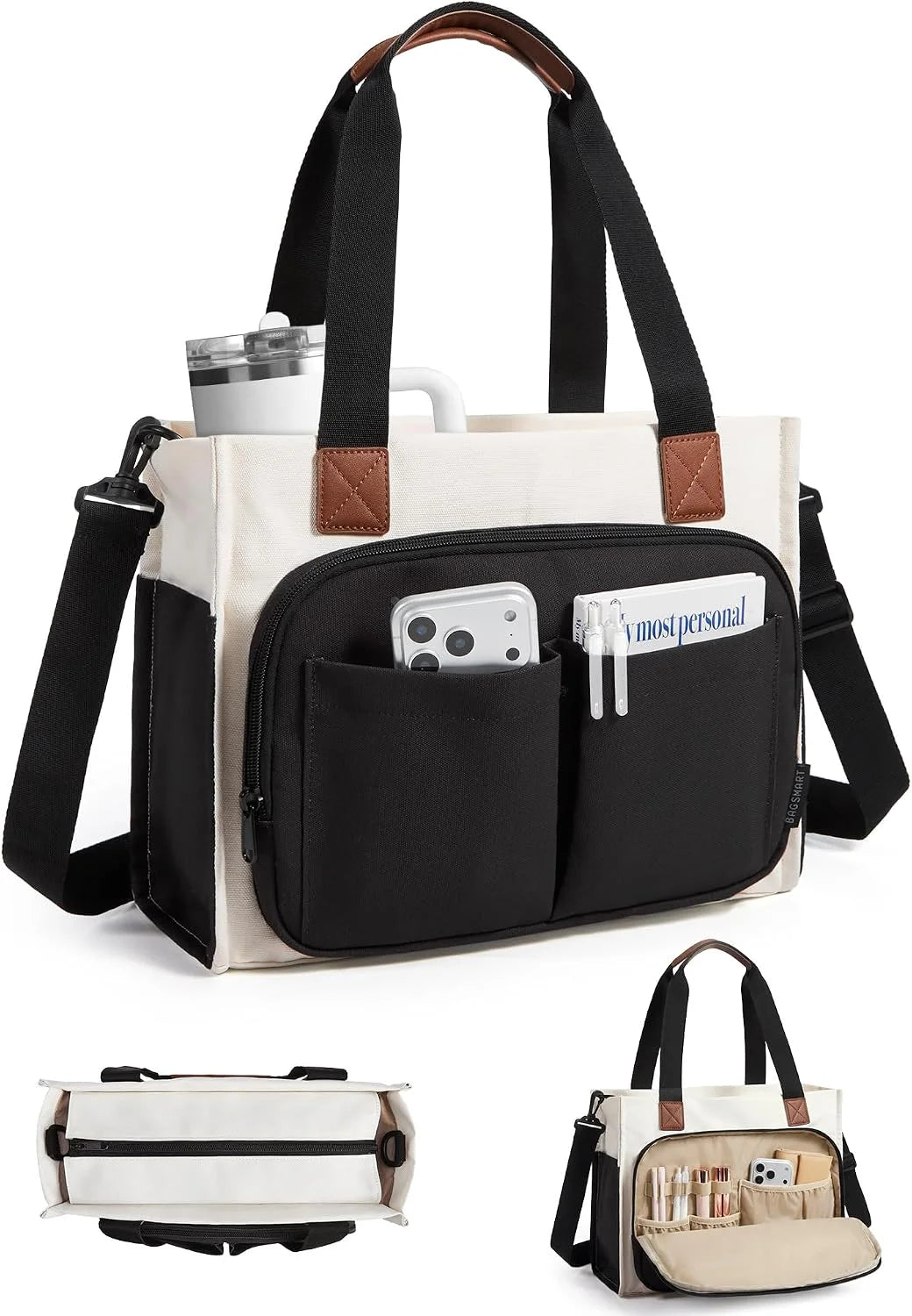 BAGSMART Canvas Tote Bag for Women, Small Work Tote Bag with Zipper