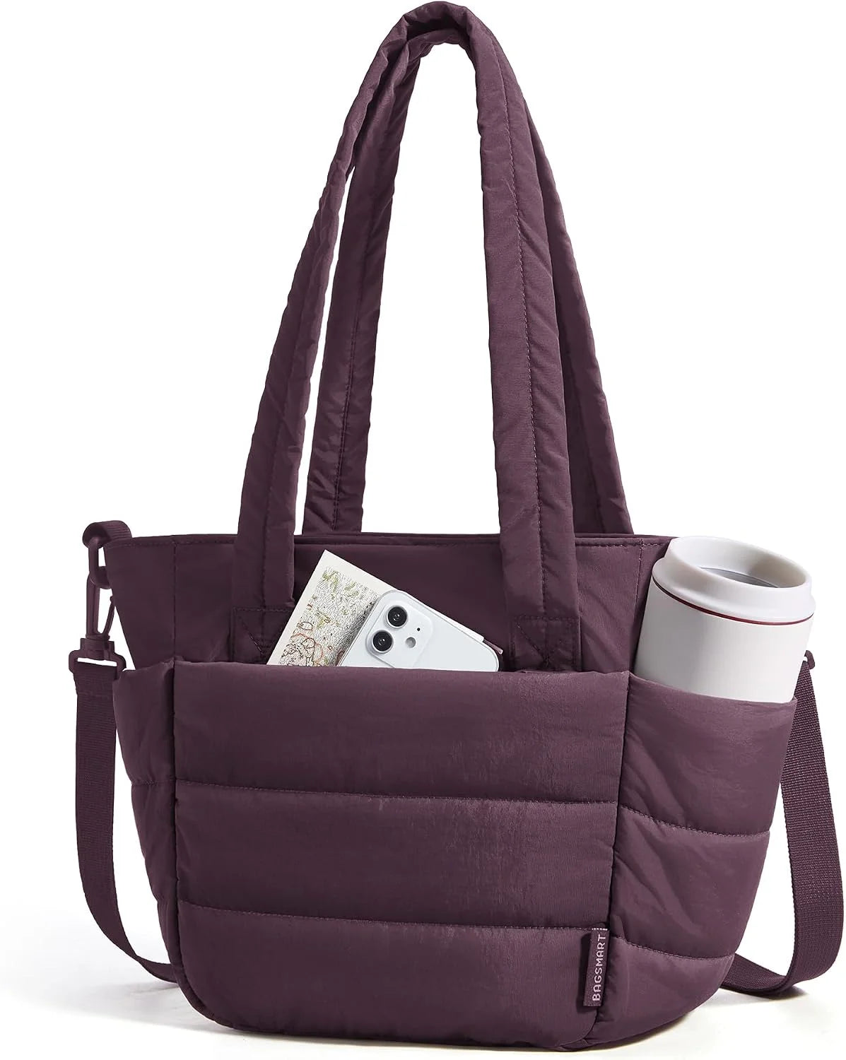 BAGSMART Lunch Bag Women Small Insulated Tote with Lunch Compartment Quilted Lightweight Puffy Tote Bag for Work, Travel, Outdoor, Crimson Purple