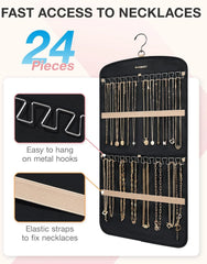 BAGSMART Hanging Jewelry Organizer, Necklace Holder Anti-tangle Earrings Rings Hanger with 10 Jewelry Bags Travel Storage Roll with Pockets Hang on Closet, Wall, Door,1 Piece, Small, Black