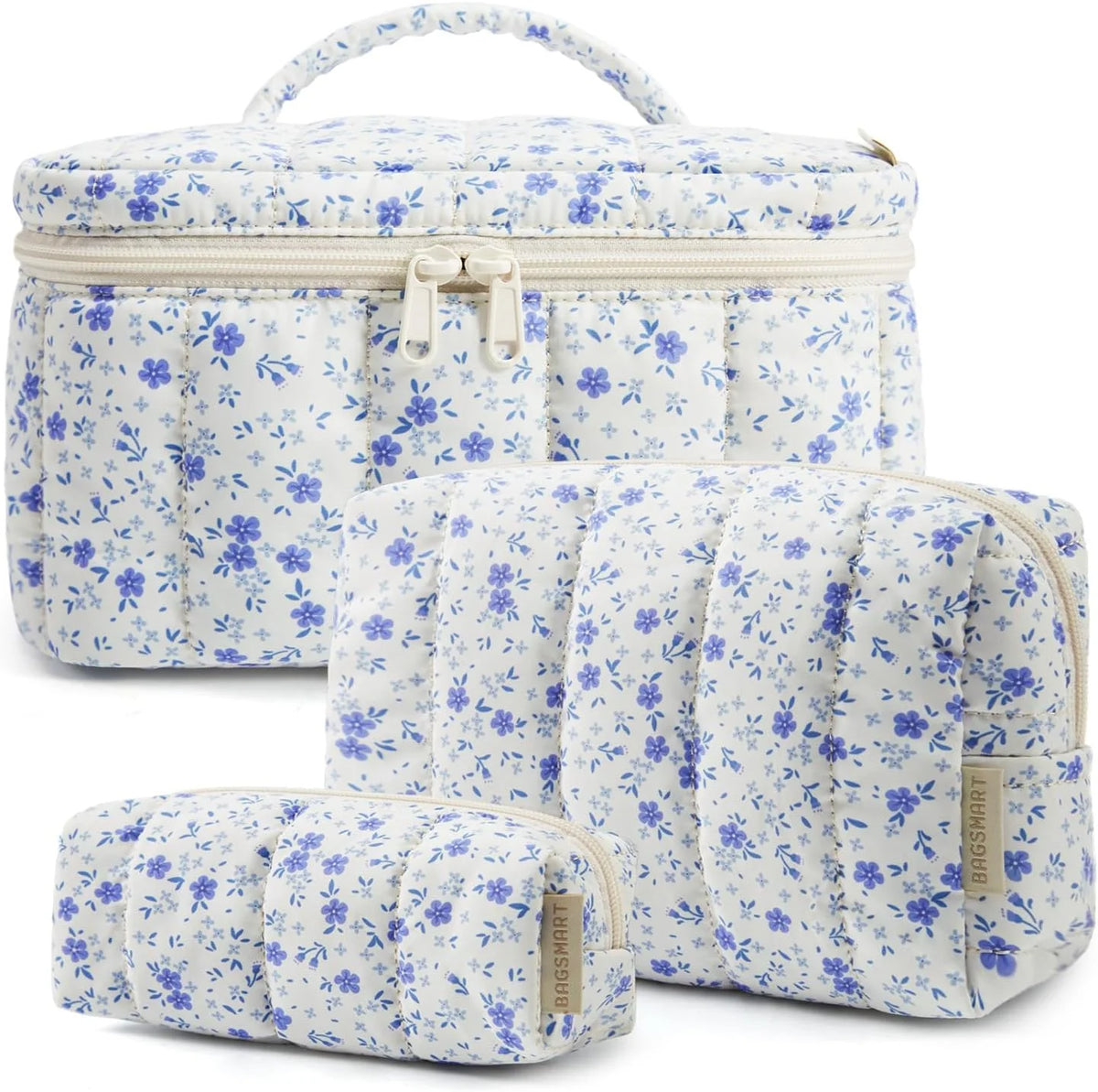 BAGSMART Puffy Makeup Bag Set, 3 Pc Travel Cosmetic Pouch, Blue Floral