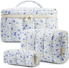 BAGSMART Puffy Makeup Bag Set, 3 Pc Travel Cosmetic Pouch, Blue Floral