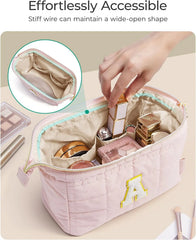 BAGSMART Birthday Gifts Personalized Initial Makeup Bag, Trendy Stuff Gifts for Women Bridesmaid Graduation, Puffy Padded Make Up Bags for Women, Wide-open Toiletry Bag, Pink E