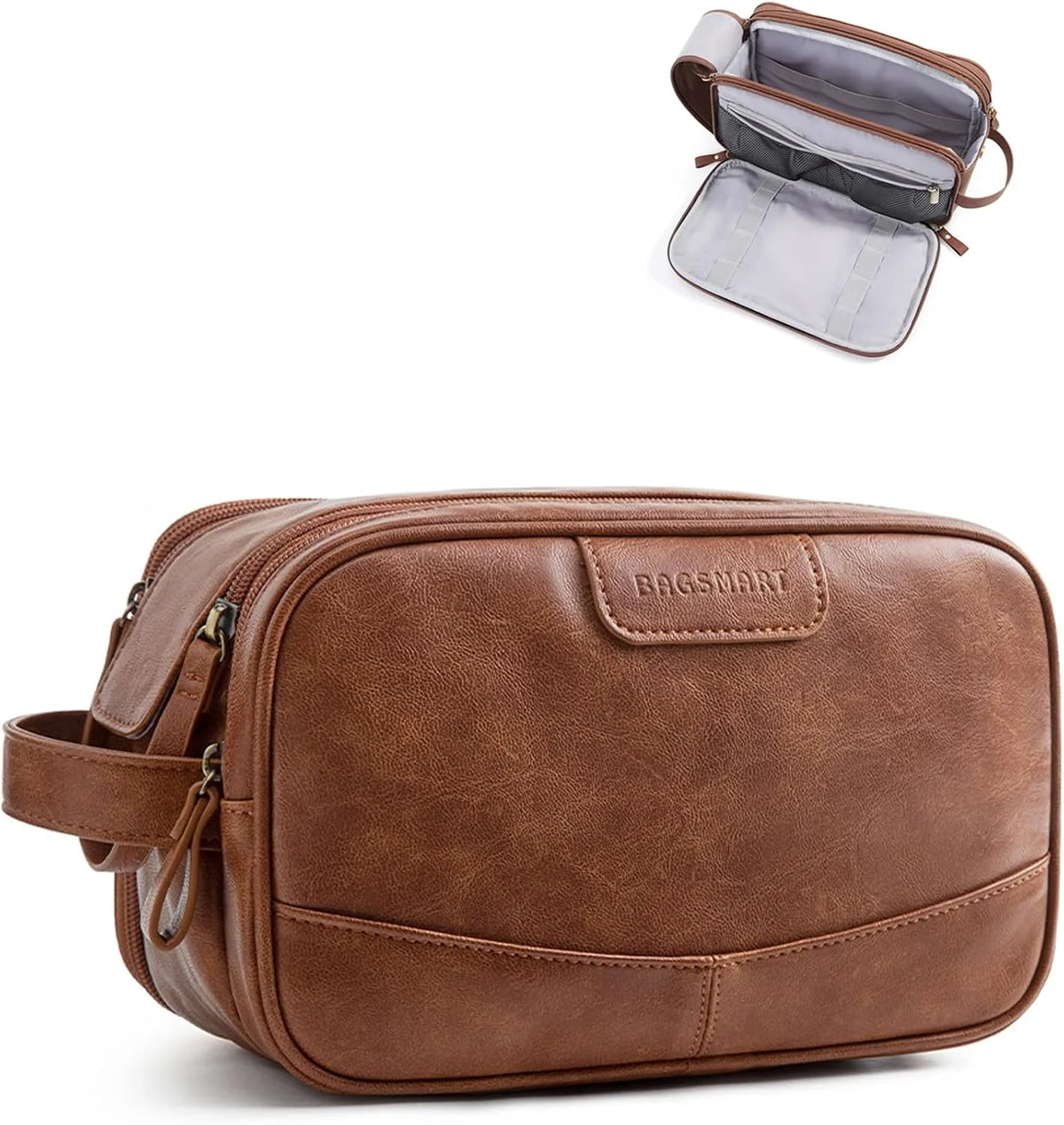 BAGSMART Medium Toiletry Bag for Men, PU Leather Water Resistant, Red Brown