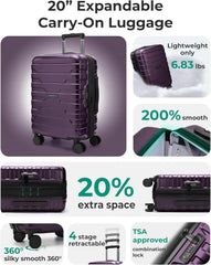 BAGSMART Carry-On Luggage 20" Expandable Spinner 22x14x9,Purple