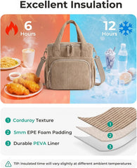 BAGSMART Corduroy Large Lunch Bag Women 14L Double Deck Insulated Lunch Box