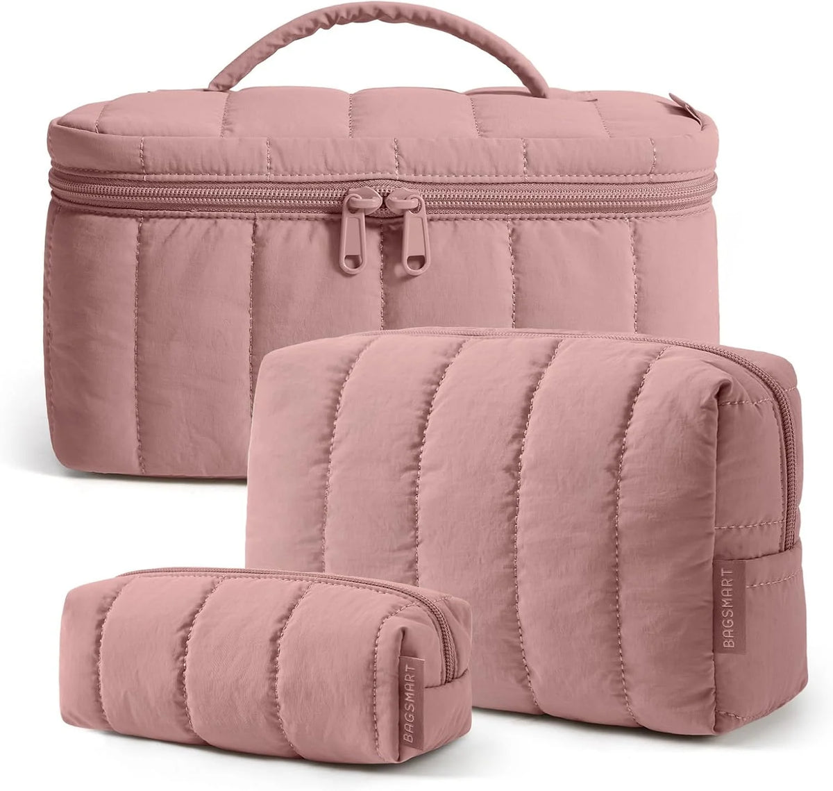 BAGSMART Travel Makeup Bag Set, 3 Pc Puffy Cosmetic Pouch, Dusty Rose