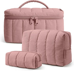 BAGSMART Travel Makeup Bag Set, 3 Pc Puffy Cosmetic Pouch, Dusty Rose