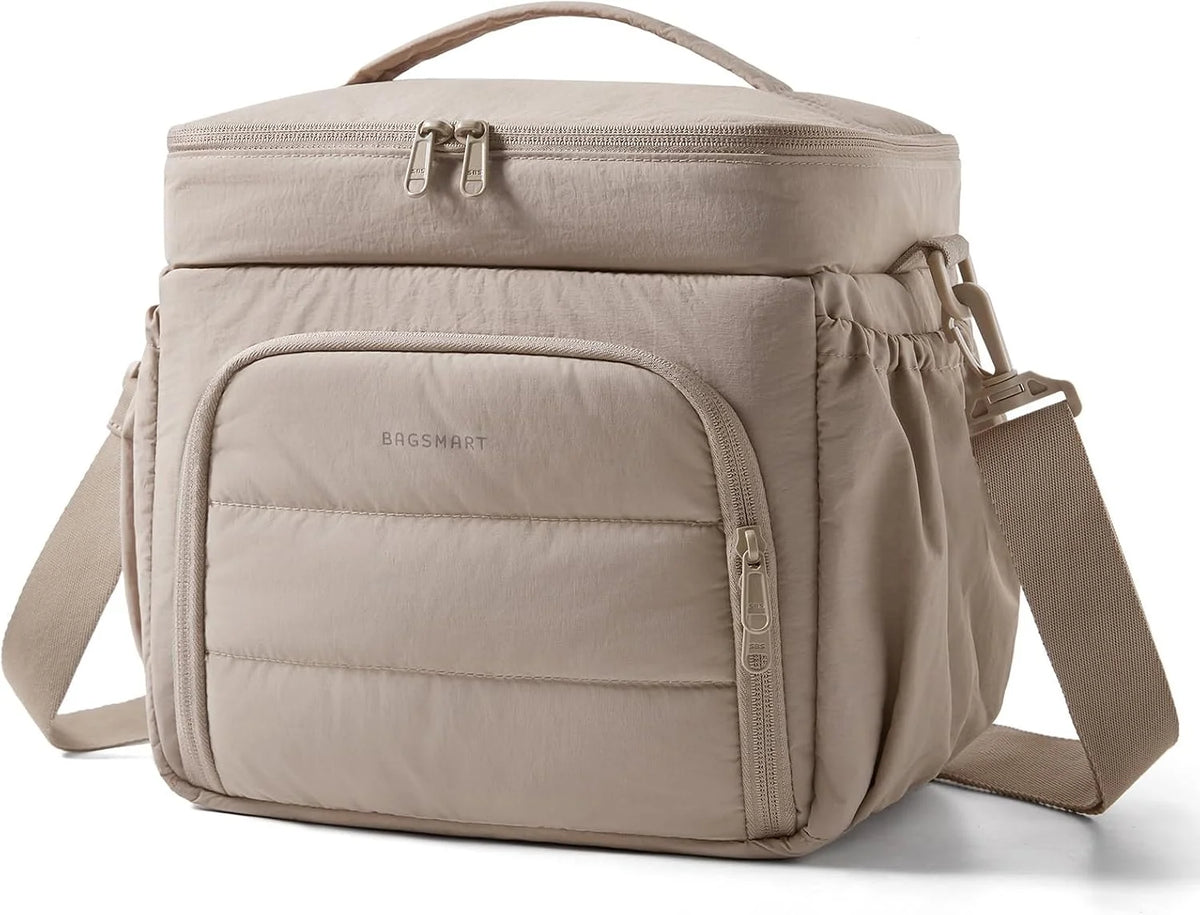 BAGSMART Puffy Insulated Lunch Bag, Lightweight Large 14L Double Deck Camel