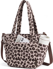 BAGSMART Lunch Bag Women Small Insulated Tote with Lunch Compartment Quilted Lightweight Puffy Tote Bag for Work, Travel, Outdoor, Leopard Print