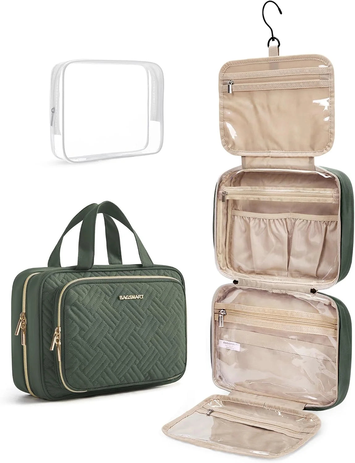 BAGSMART Toiletry Bag Hanging Travel Makeup Organizer with TSA Approved Transparent Cosmetic Bag Makeup Bag for Full Sized Toiletries(Dusty Green)