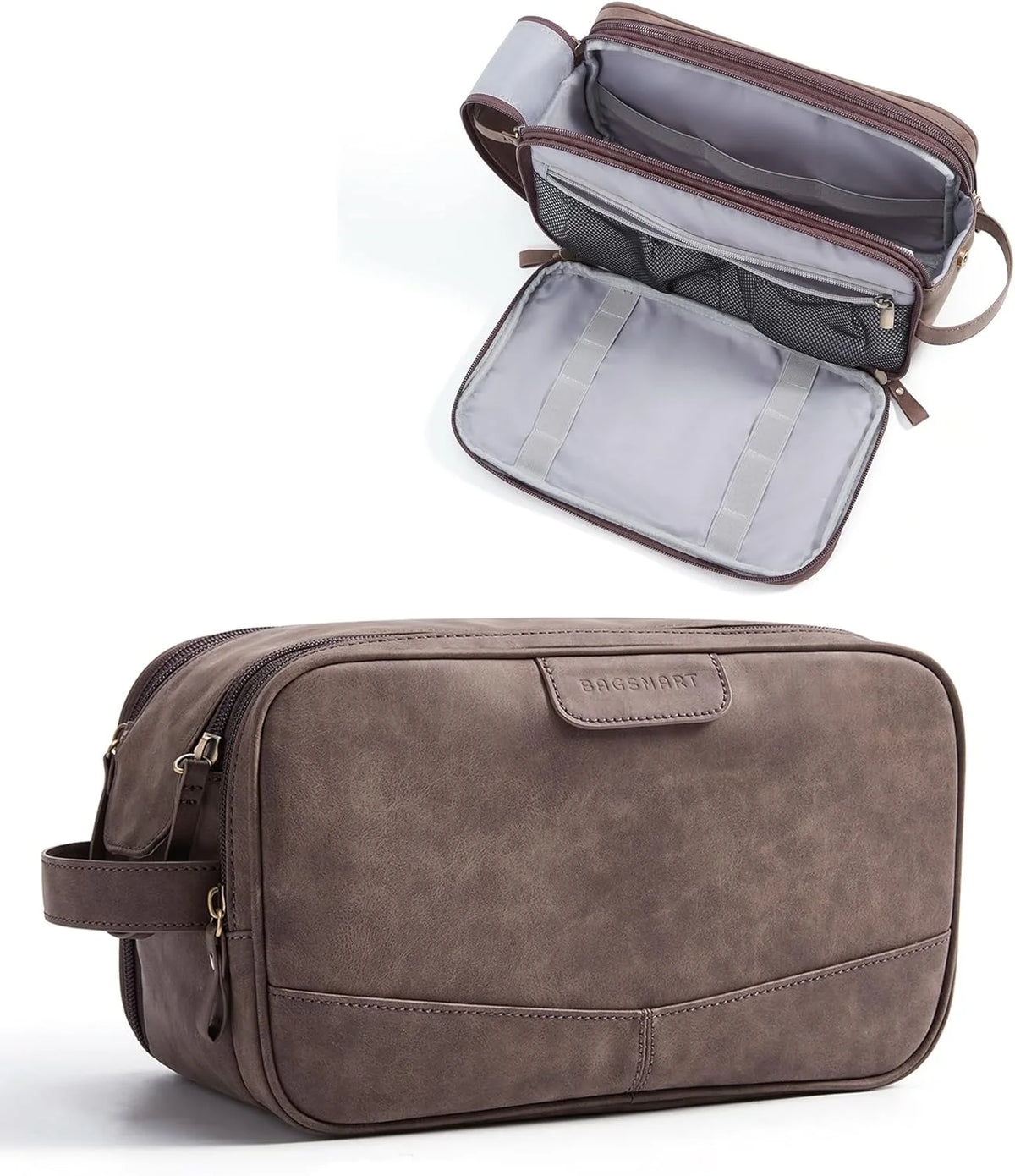 BAGSMART Large Toiletry Bag for Men, PU Leather Water Resistant, Dark Brown