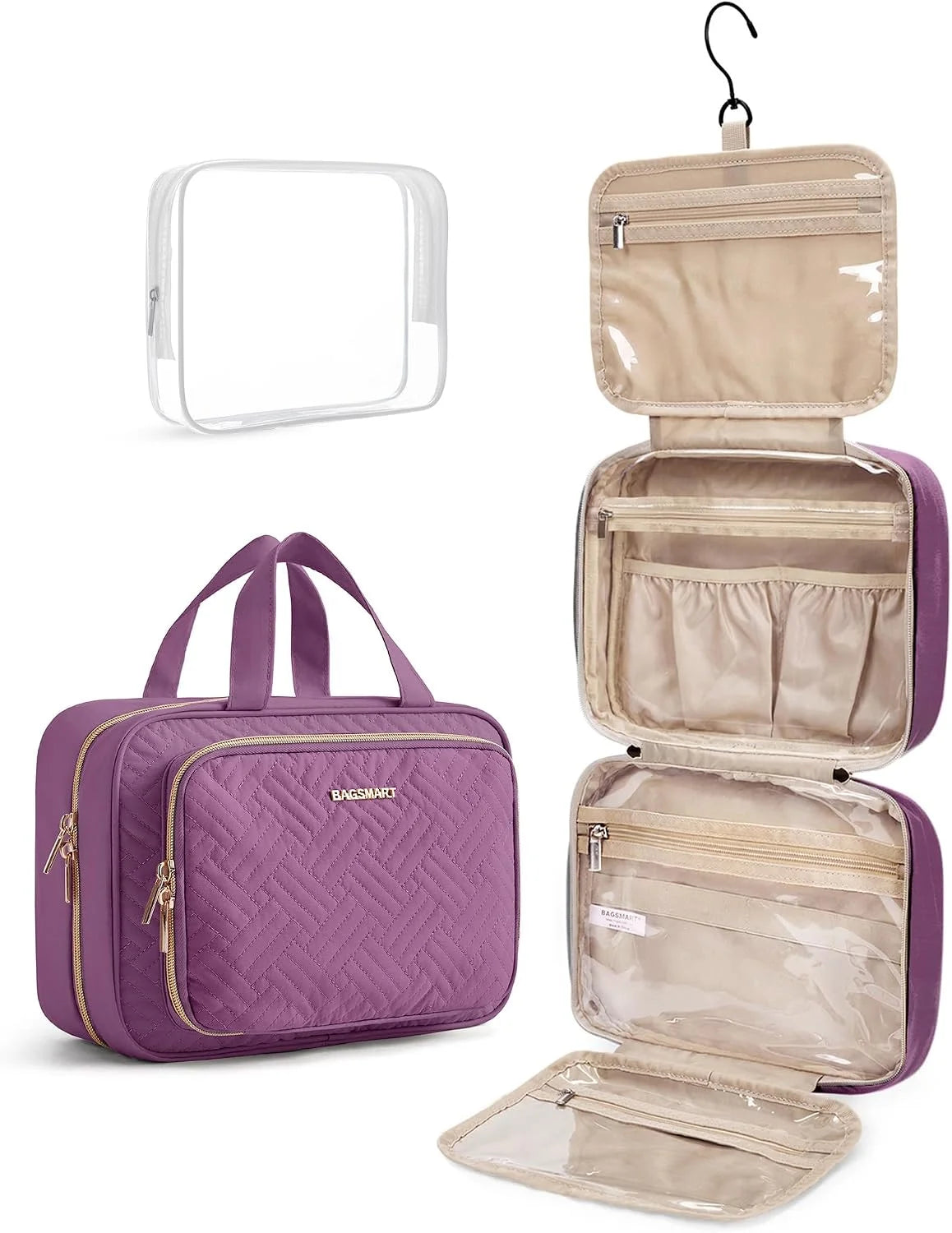 BAGSMART Toiletry Bag Hanging Travel Makeup Organizer with TSA Approved Transparent Cosmetic Bag Makeup Bag for Full Sized Toiletries, Large-Purple